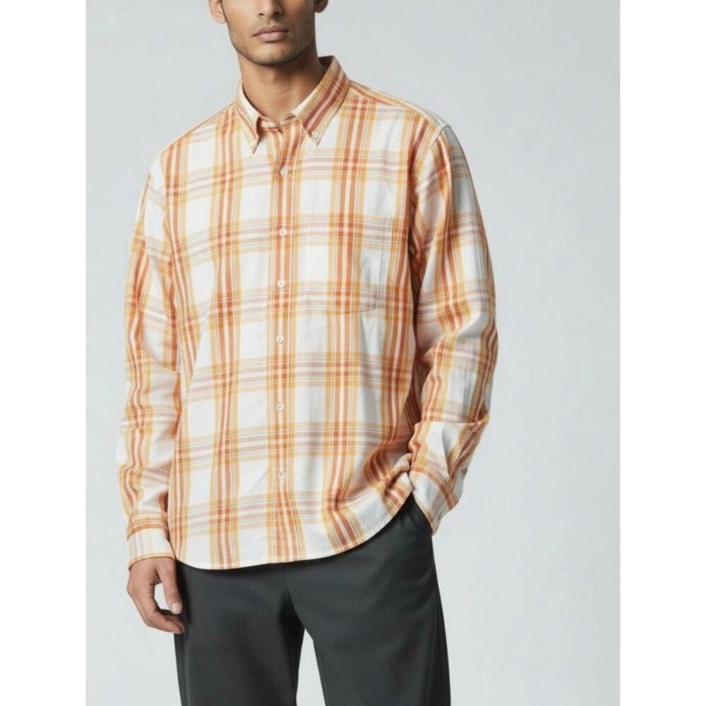 Old Navy Mens Orange & White Plaid Button-Up Long Sleeve Shirt Size L